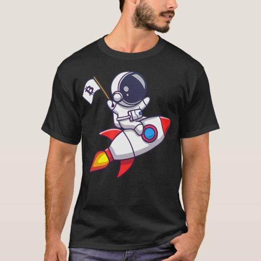 旗を振るロケットのBitcoin宇宙飛行士 Tシャツ (正面)