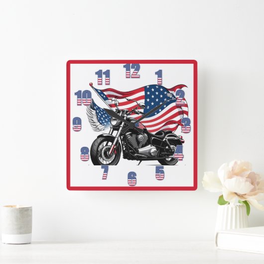 旗を背景にしたアメリカのオートバイ スクエア壁時計 (ホーム)