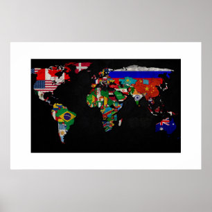 旗カラフル付き世界地図 ポスター