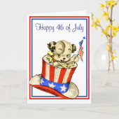 旗カードを持つヴィンテージの子犬 カード (黄色い花)