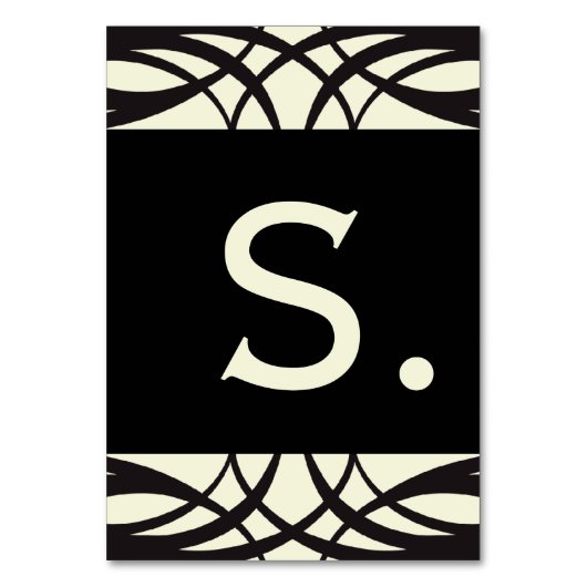 旗カードを結婚する黒いクリーム色のアールデコ テーブルナンバー (正面)