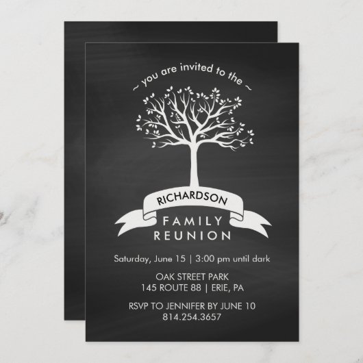 旗付きの黒板と木のファミリ懇親会 招待状 (正面/裏面)