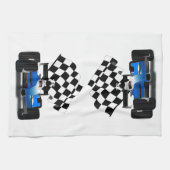旗付きブルーレースカー市松模様にー キッチンタオル (横)
