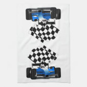 旗付きブルーレースカー市松模様にー キッチンタオル (縦)