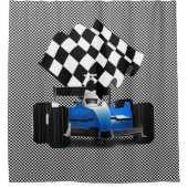 旗付きブルーレースカー市松模様にー シャワーカーテン (正面)