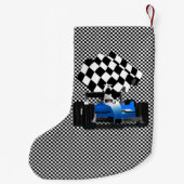 旗付きブルーレースカー市松模様にー スモールクリスマスストッキング (裏面)