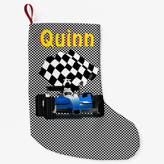 旗付きブルーレースカー市松模様にー スモールクリスマスストッキング (正面)