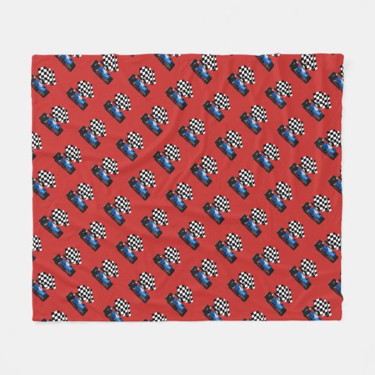 旗付きブルーレースカー市松模様にー フリースブランケット (正面(横))