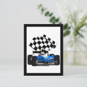 旗付きブルーレースカー市松模様にー ポストカード (スタンド正面)