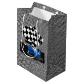 旗付きブルーレースカー市松模様にー ミディアムペーパーバッグ (正面アングル)