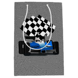 旗付きブルーレースカー市松模様にー ミディアムペーパーバッグ