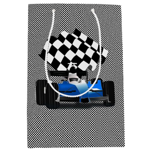 旗付きブルーレースカー市松模様にー ミディアムペーパーバッグ (正面)