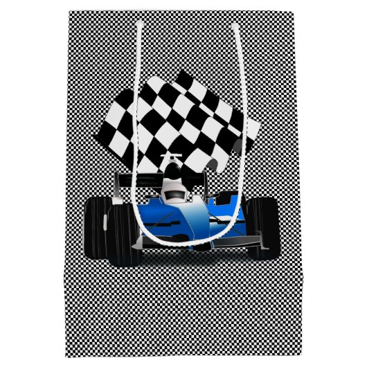 旗付きブルーレースカー市松模様にー ミディアムペーパーバッグ (裏面)