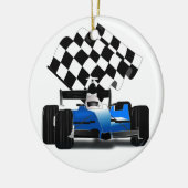 旗付きブルーレースカー市松模様にー メタルオーナメント (左)