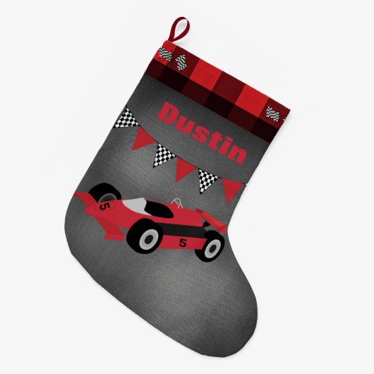 旗付きレー市松模様にスカー ラージクリスマスストッキング (正面 (吊り時))