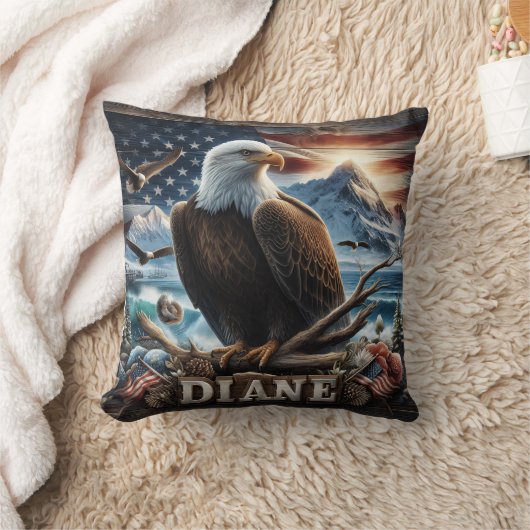 旗威厳のあるを持つ枝に止まったワシ クッション (ブランケット)