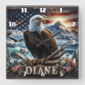 旗威厳のあるを持つ枝に止まったワシ スクエア壁時計 (正面)