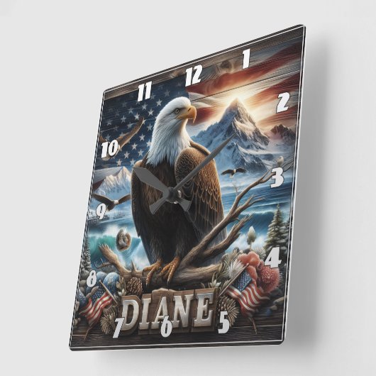 旗威厳のあるを持つ枝に止まったワシ スクエア壁時計 (傾斜)