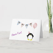 旗布の挨拶状を持つかわいいペンギン カード (正面)