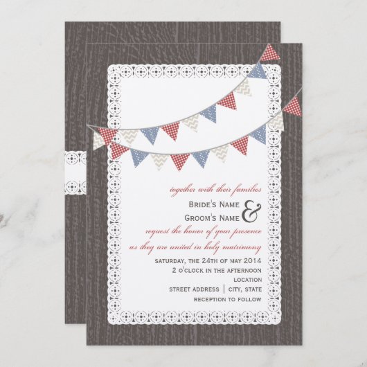 旗布の結婚式とインスパイアBarnwood及びレース 招待状 (正面/裏面)