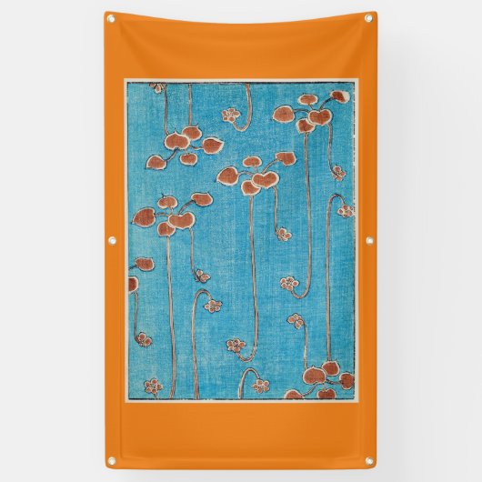 旗日本の上の睡蓮のウッドブロックプリント 横断幕 (縦)