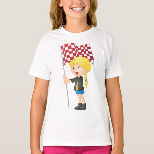 旗Tシャ市松模様にツを持つ女の子 Tシャツ (正面)