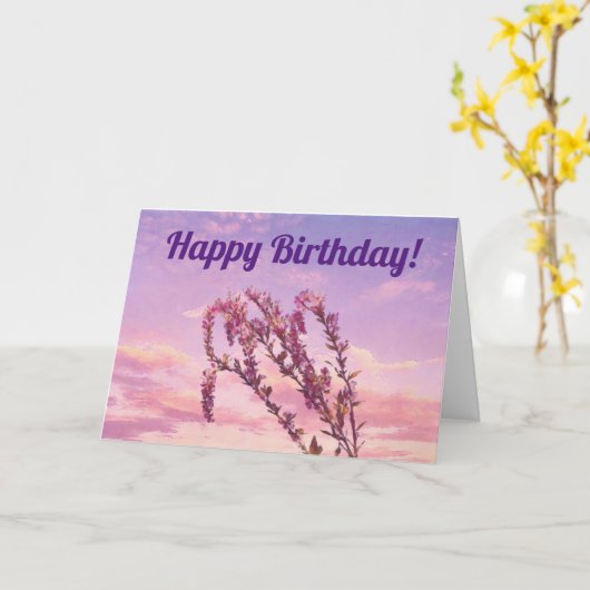 日かわいらし没の空にピンクの花を誕生日 カード (黄色い花)