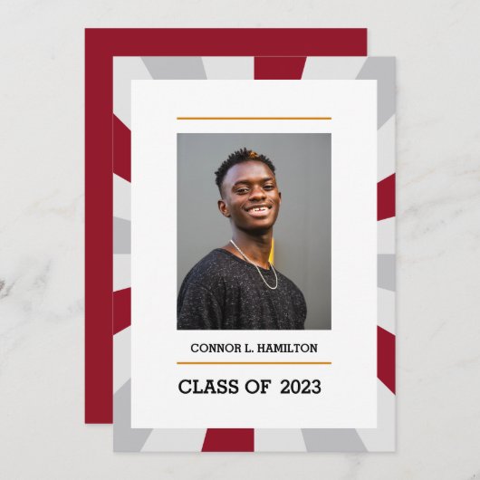 日が差すこと |クリムゾンとグレーの写真卒業 招待状 (正面/裏面)