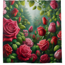 "日に照らされたバラガーデン：露にキスされた開花" シャワーカーテン
