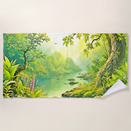日に照らされた森林風景 ビーチタオル