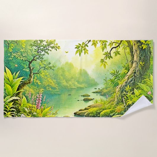 日に照らされた森林風景 ビーチタオル (正面)