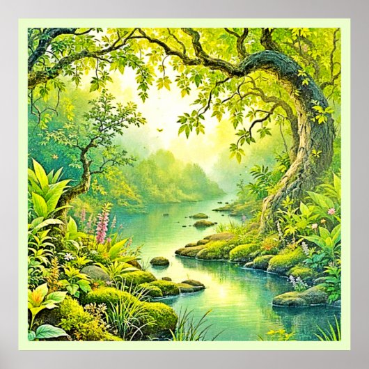 日に照らされた森林風景 ポスター (正面)