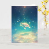 日に照らされた海を亀が旅 カード (黄色い花)