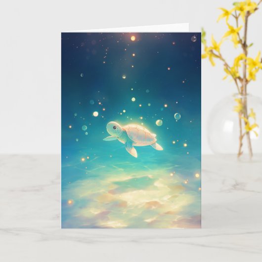 日に照らされた海を亀が旅 カード (黄色い花)