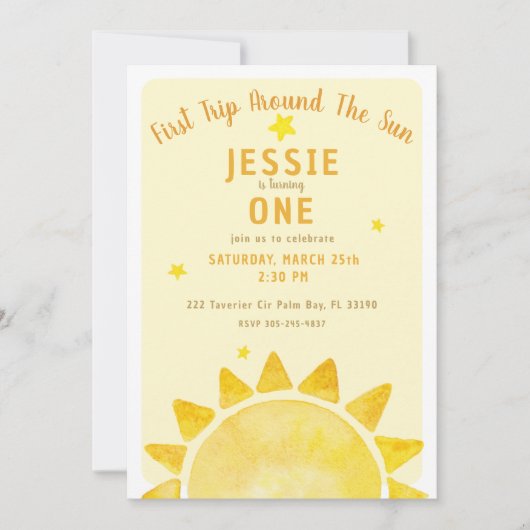 日ののまわりに1番目の誕生日招待状黄色 招待状 (正面)