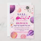 日のまわりにの旅| ピンクの宇宙1回目の誕生日 招待状 (正面)