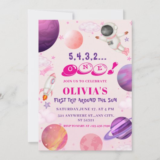 日のまわりにの旅| ピンクの宇宙1回目の誕生日 招待状 (正面)