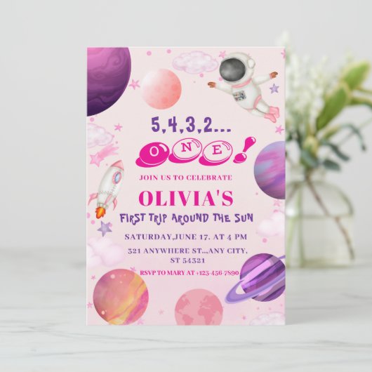 日のまわりにの旅| ピンクの宇宙1回目の誕生日 招待状 (スタンド正面)