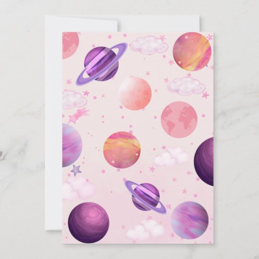 日のまわりにの旅| ピンクの宇宙1回目の誕生日 招待状 (裏面)