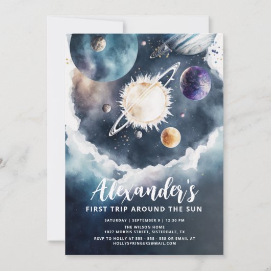 日のまわりに水の色の男の子の旅1st誕生日 招待状 (正面)