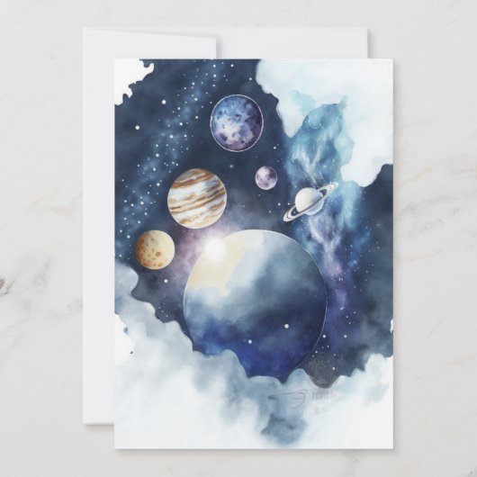 日のまわりに水の色の男の子の旅1st誕生日 招待状 (裏面)