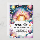 日のまわりに水の色の男の子の旅1st誕生日 招待状 (正面)