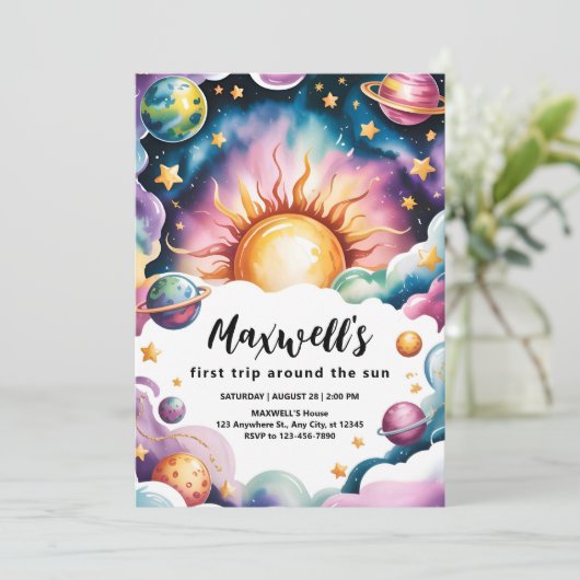 日のまわりに水の色の男の子の旅1st誕生日 招待状 (スタンド正面)