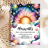 日のまわりに水の色の男の子の旅1st誕生日 招待状