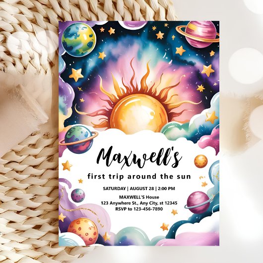 日のまわりに水の色の男の子の旅1st誕生日 招待状