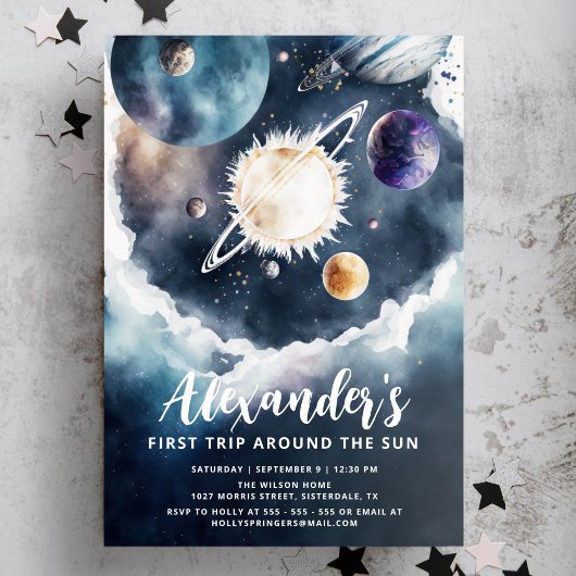 日のまわりに水の色の男の子の旅1st誕生日 招待状