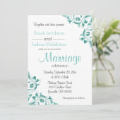 日のティール(緑がかった色)モダンフローラのスクロール 招待状 (スタンド正面)