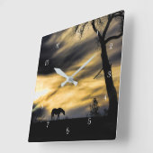 日の入りのウマとオークの木 スクエア壁時計 (傾斜)