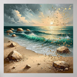 日の入りを迎える海の波と岩だらけの海岸線 🌅🌊 ポスター