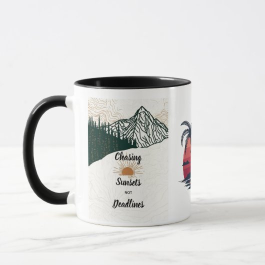日の入りを追いかける 山への憧れ マグカップ (左)